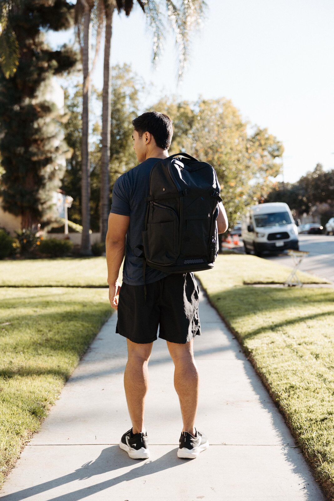 DVRGE backpack in use, full body urban carry