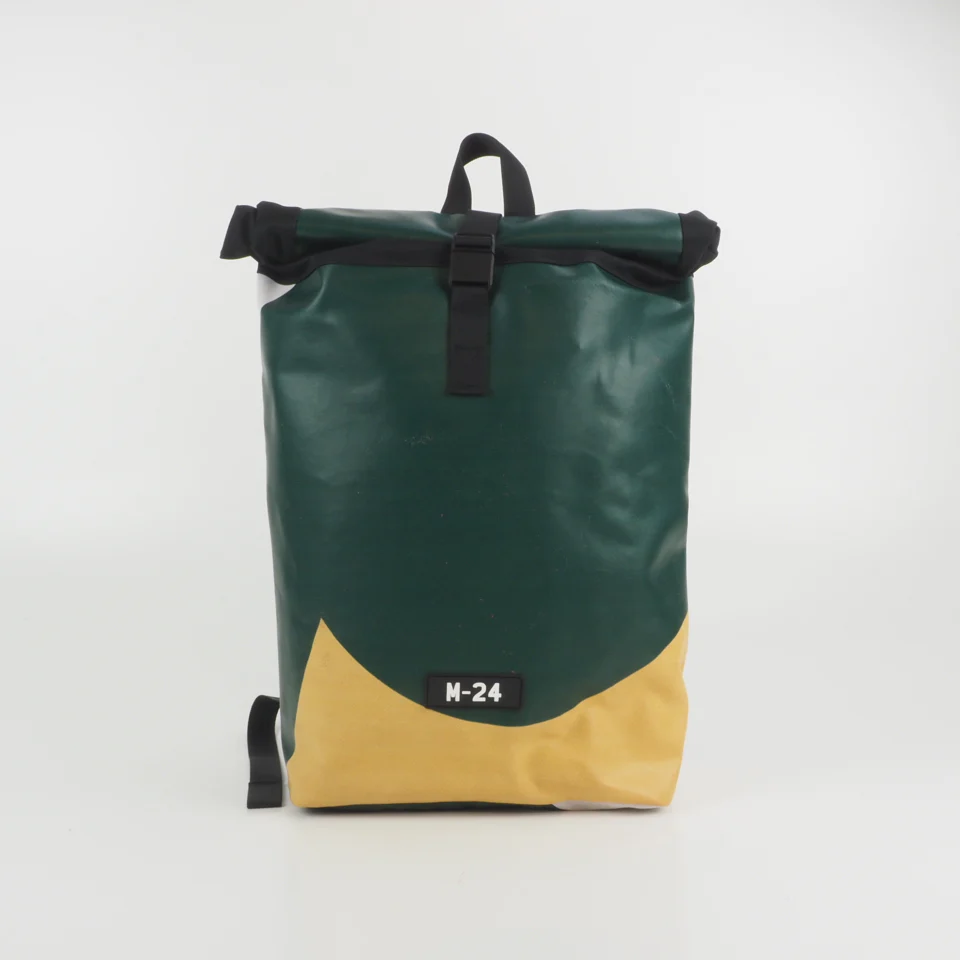 Green and yellow M-24 roll top bag, front view