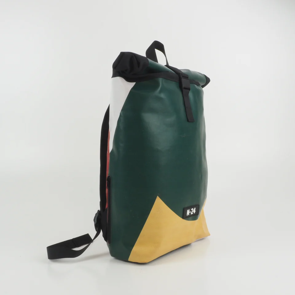 Green and yellow M-24 roll top bag, side view