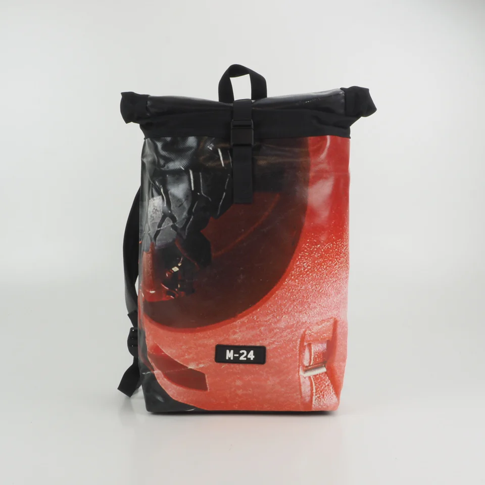 Red and black M-24 roll top bag, structured design