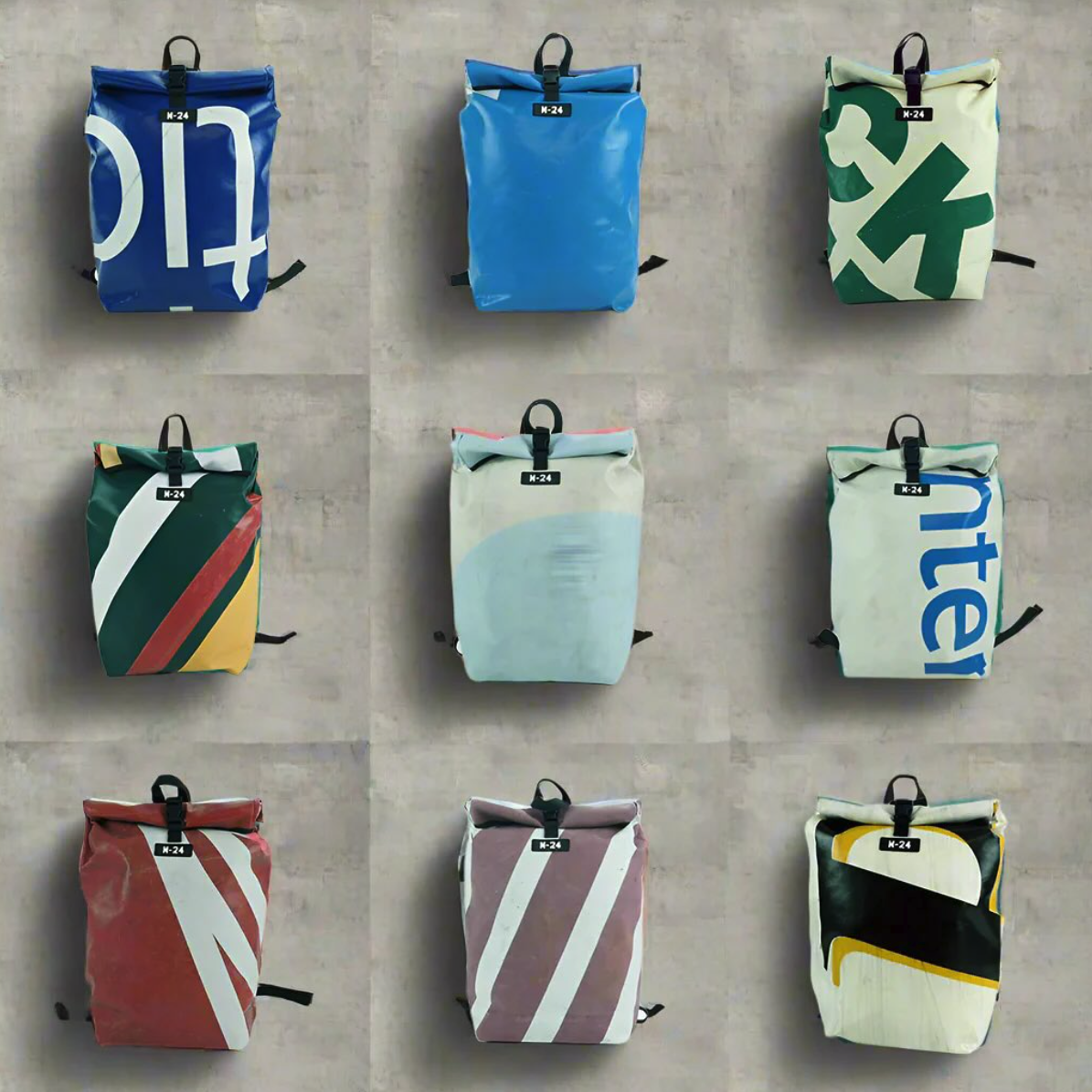 M-24 bag range, nine unique colourways from recycled truck tarpaulin