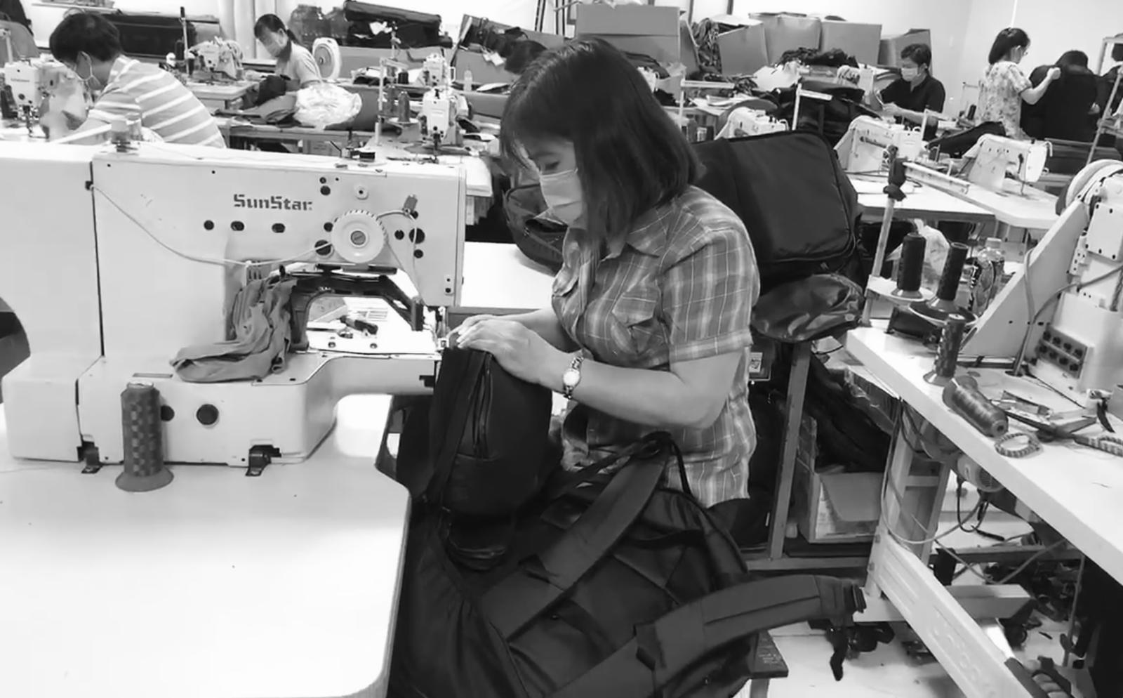 Factory floor, Travel Pack assembly on SunStar industrial sewing machine