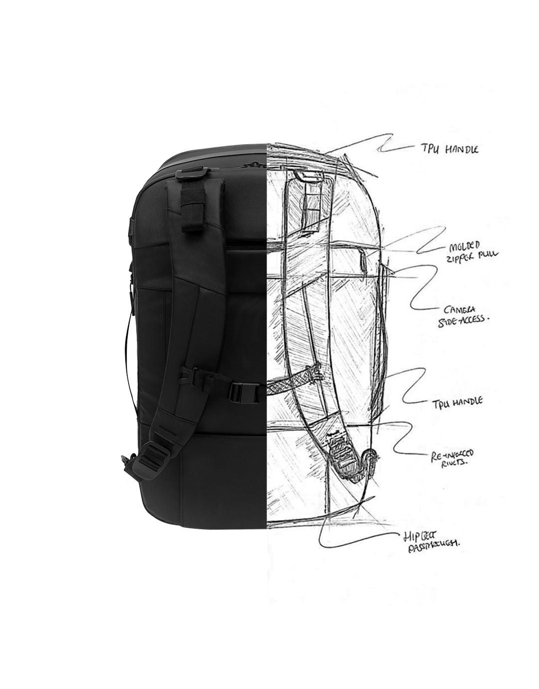 Reika Travel Pack, sketch to product split showing design annotations